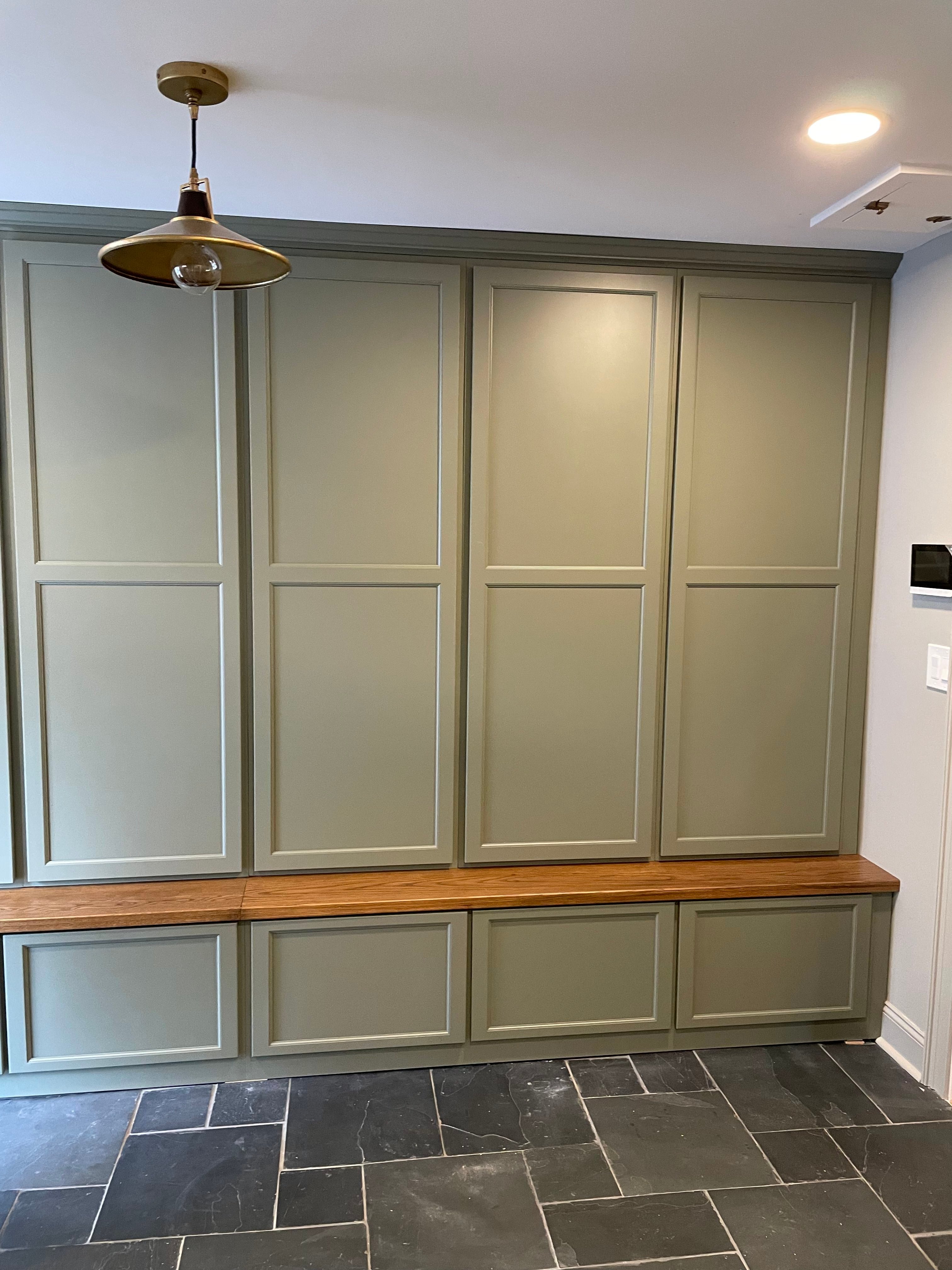 built-in storage cabinets with bench